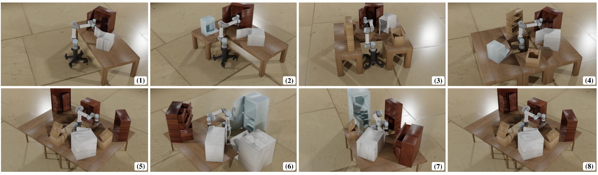 Eight example diverse, cluttered workspaces generated by MotionGeneralizer for a UR5e manipulator